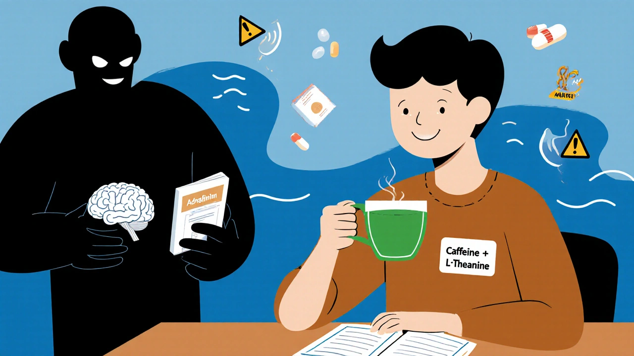 A student drinking tea with brain icons nearby, while shadowy pills loom in the background with warning signs.