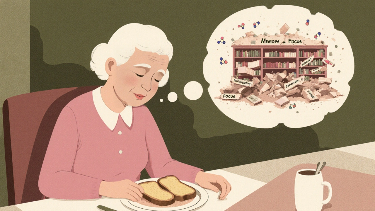 An elderly woman at breakfast as memory books crumble around her from anticholinergic effects.