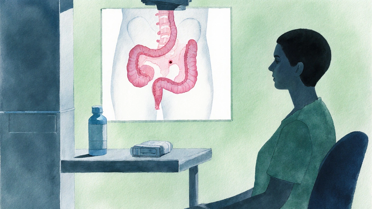 Artistic scene of a DEXA scan with a pancreas tumor and medication bottle.