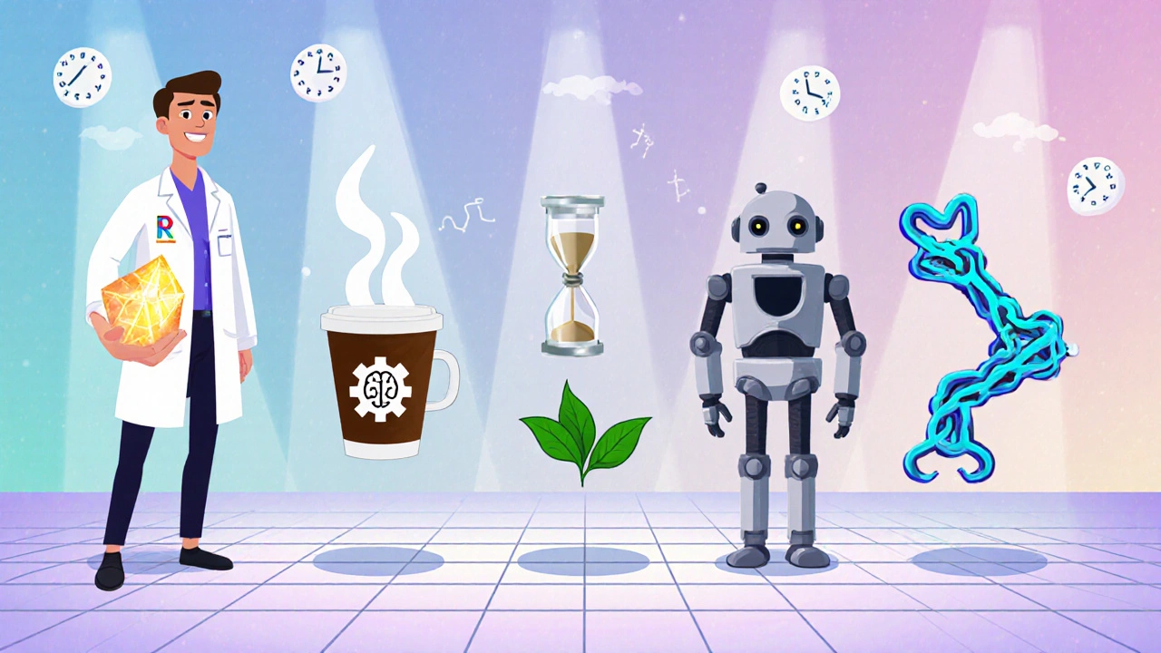 Cartoon characters representing five Modafinil alternatives in a comparison layout.