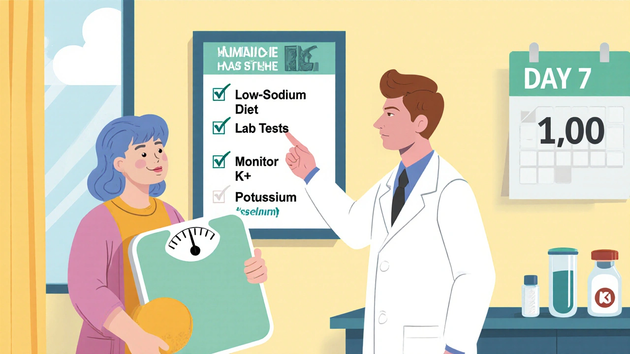 Cartoon doctor and patient reviewing daily weight, low‑salt diet, and lab monitoring checklist.