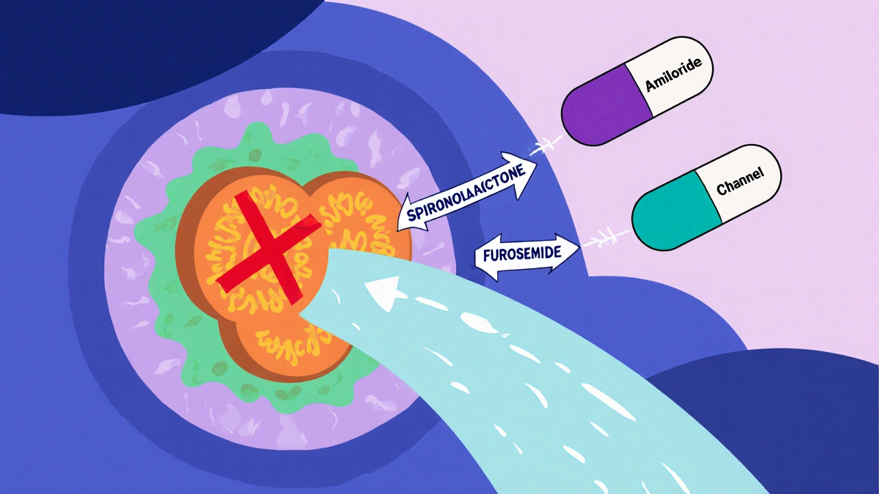 Cartoon of kidney collecting duct with ENaC channels blocked by amiloride and other diuretic pills illustrated.