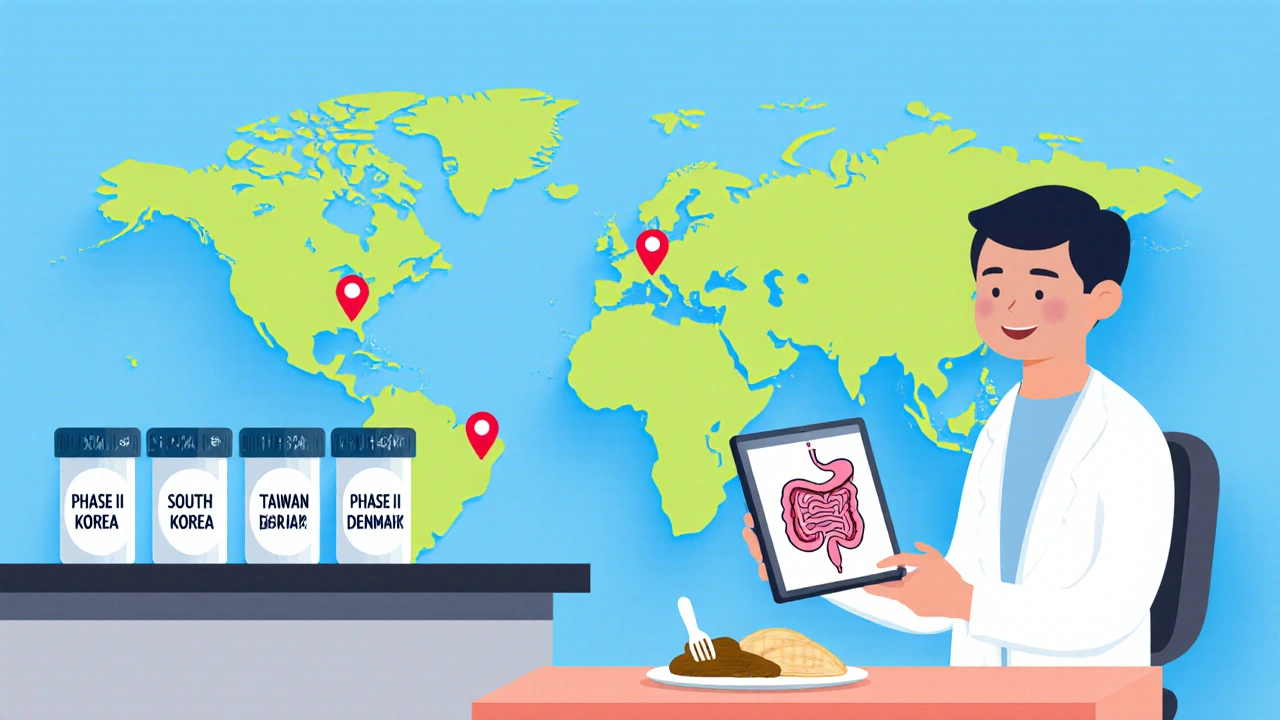 Cartoon showing global trial locations and a researcher with a GI diagram.