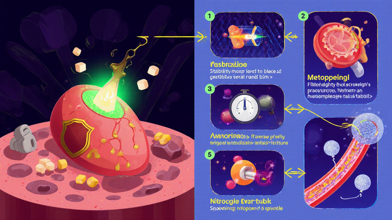 Cartoon split panel showing Vastarel shifting heart cell metabolism and other drug mechanisms.