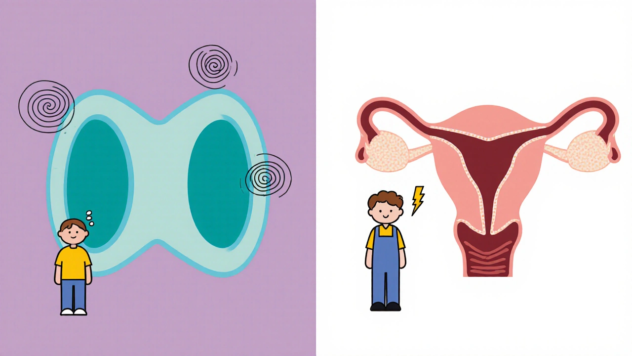 Cartoon view of relaxed blood vessels and prostate, with dizziness and headache icons near Hytrin.