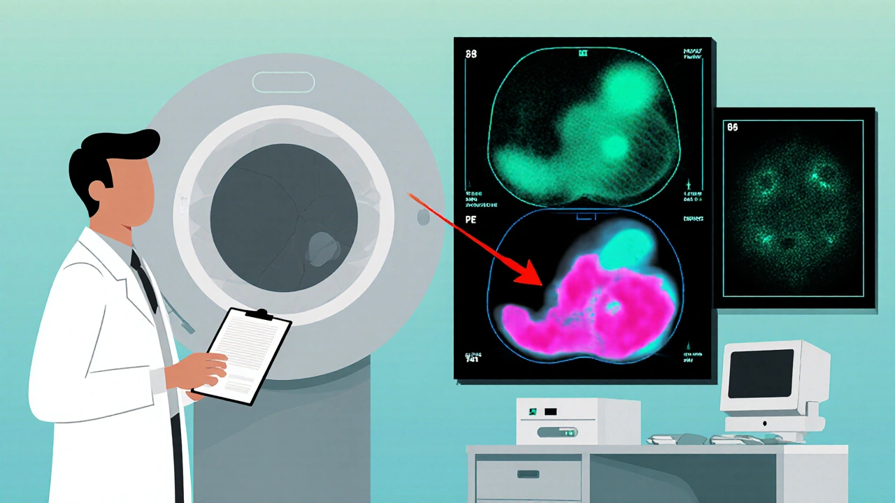 Clinic scene with CT, PET, and MIBG scans highlighting an adrenal tumor.