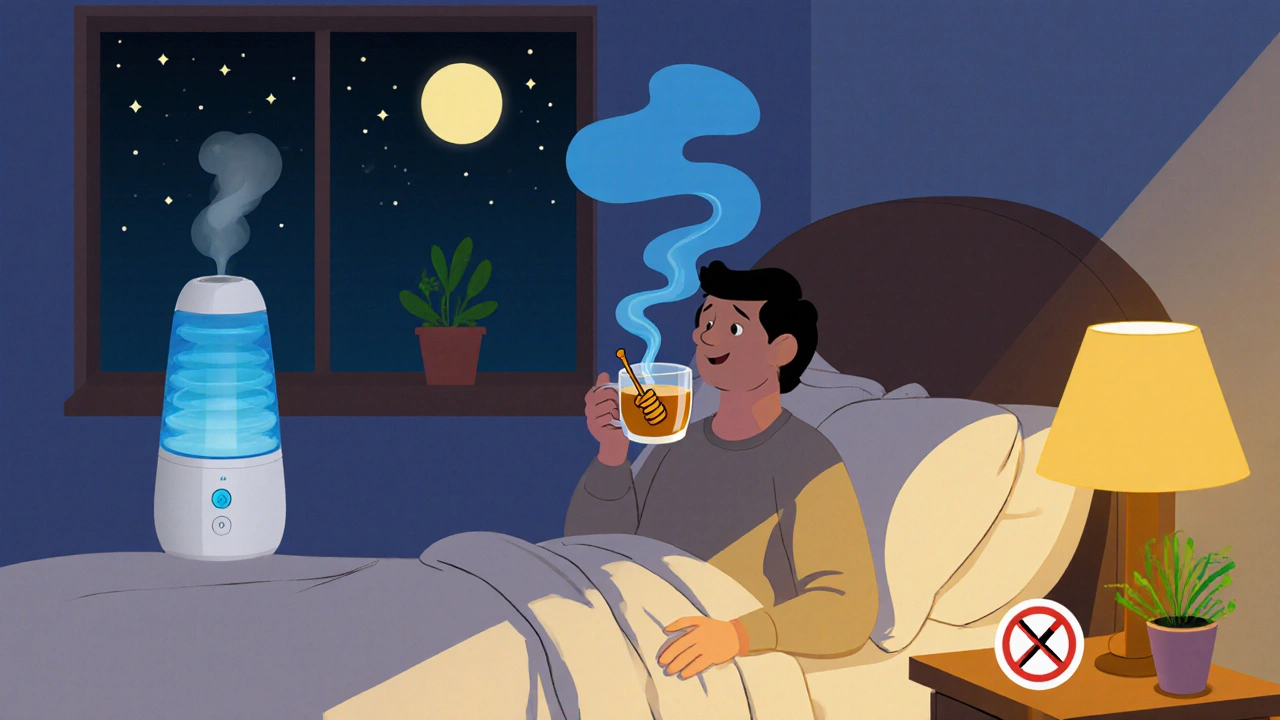 Cozy bedroom with person sipping honey tea, humidifier mist, and symbols of avoiding smoke in UPA cartoon.