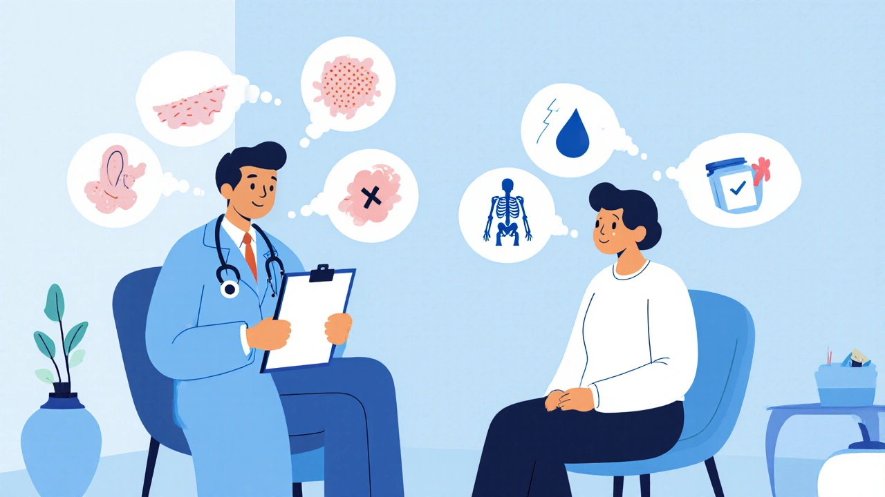 Doctor and patient with thought bubbles showing infection sites and allergies.