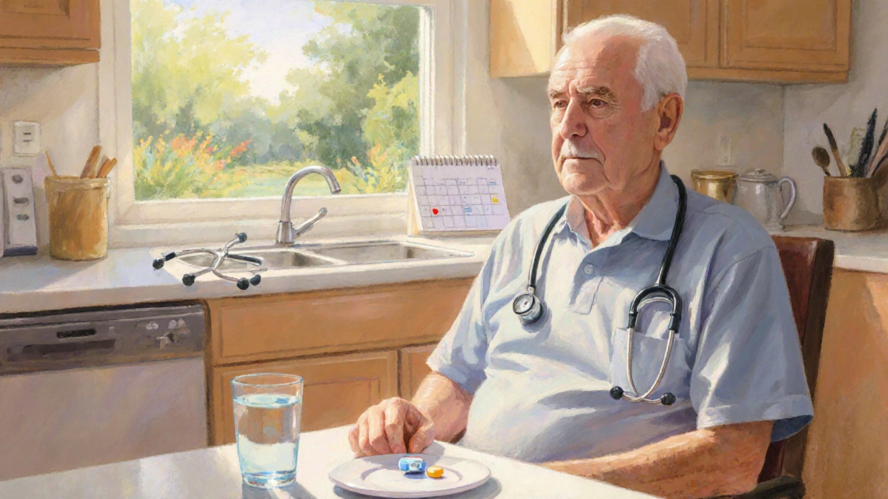 Elderly man taking a Bicalutamide tablet at home, with a sunny kitchen and a calendar indicating monitoring.