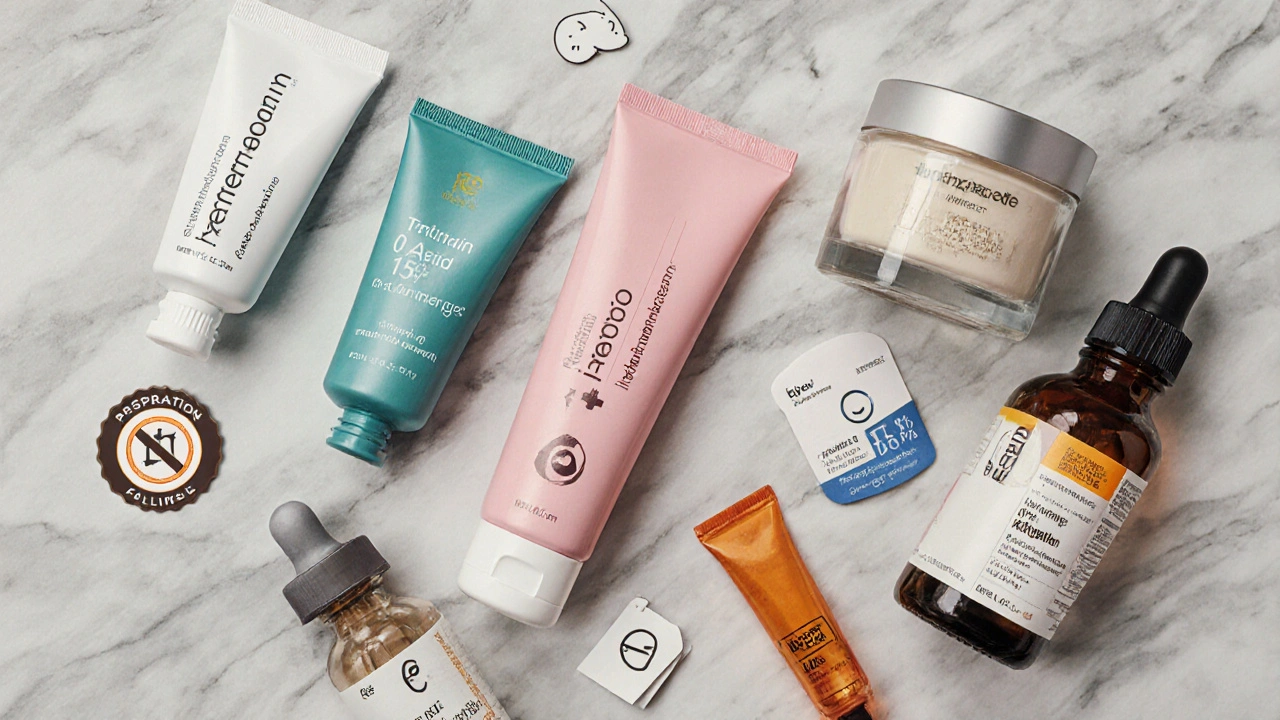 Flat lay of various acne and anti‑aging products with icons for prescription, irritation, and price.
