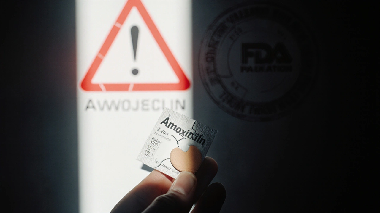 Hand holding a suspicious tablet with a red warning triangle, indicating counterfeit risk.