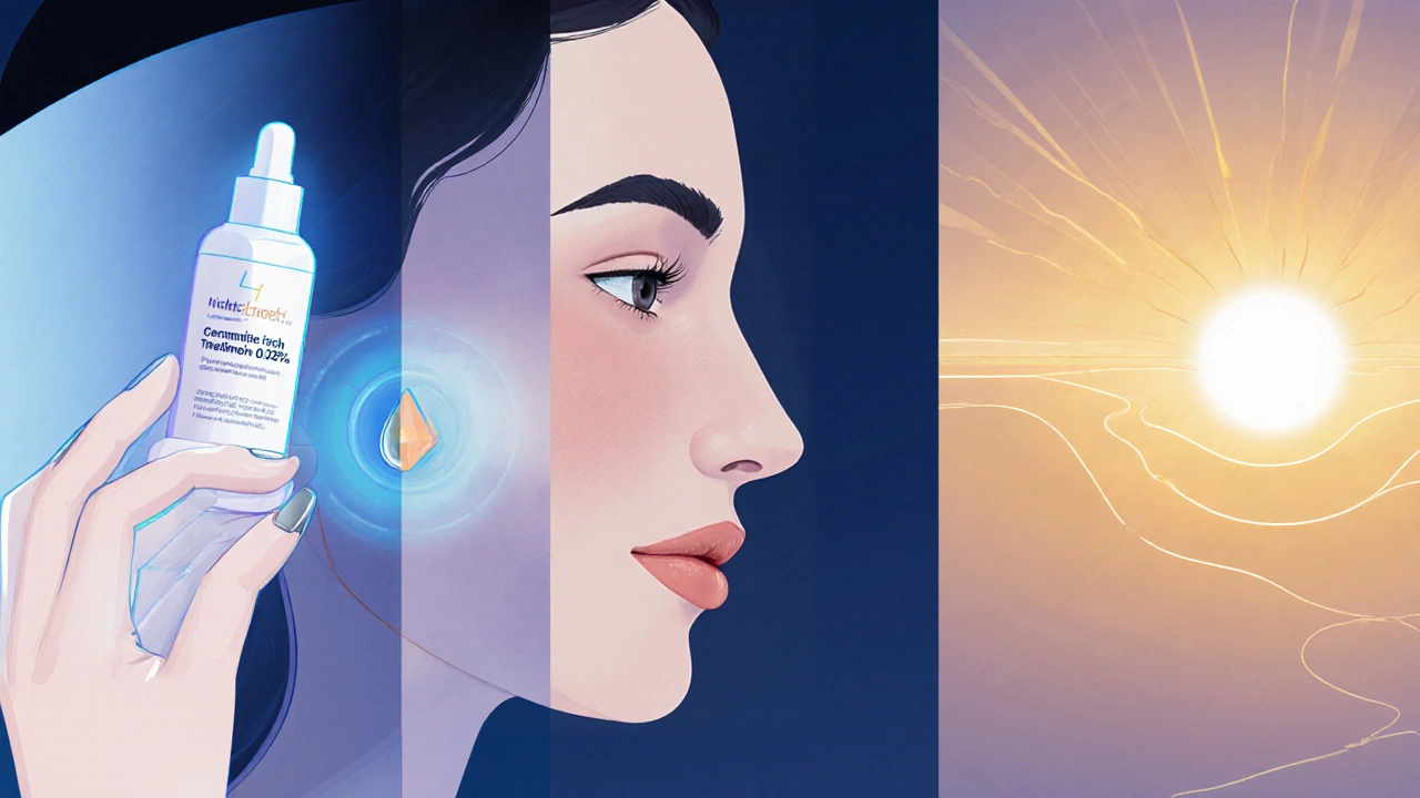 Illustration of a woman&#039;s night skincare steps: moisturizer, Tretinoin, and morning sunscreen.