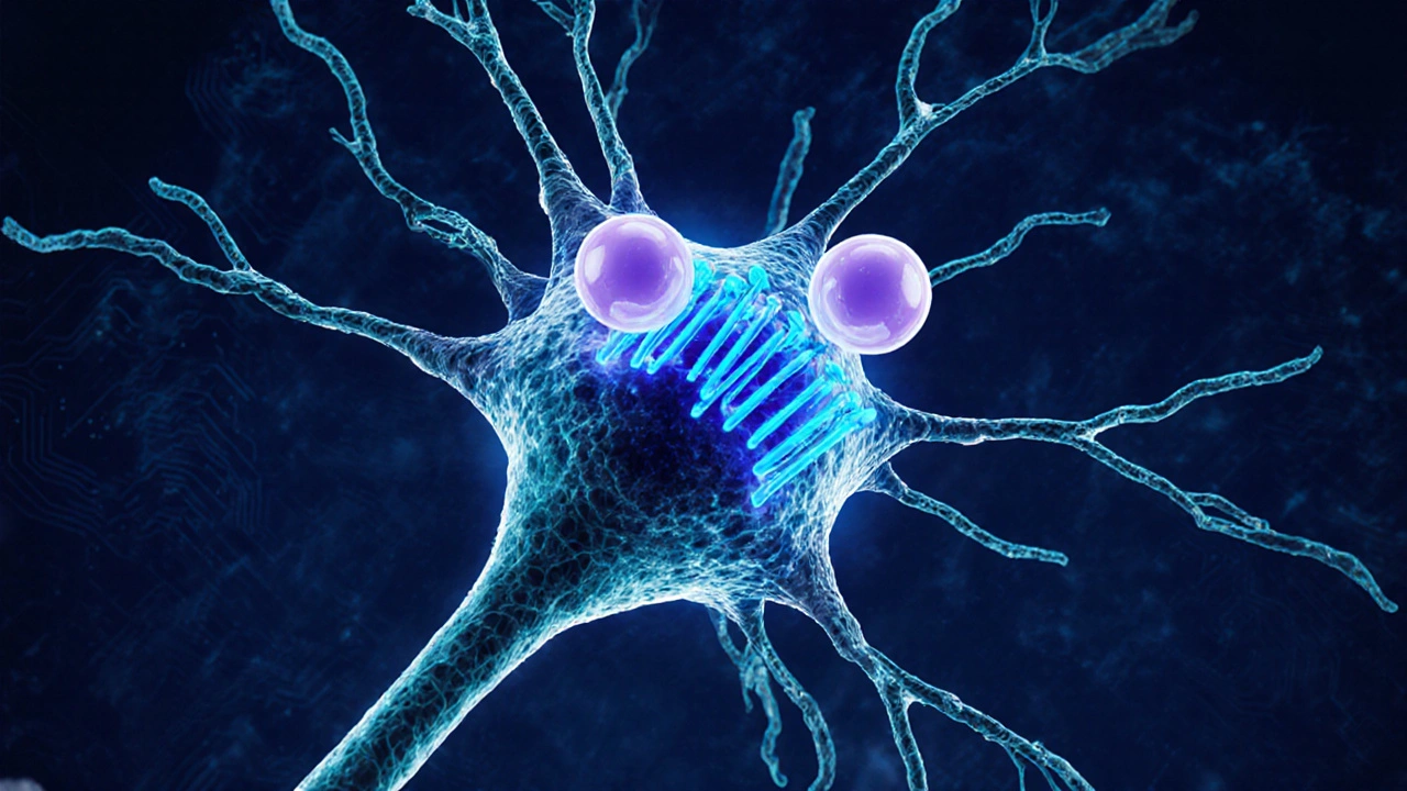 Illustration of lamotrigine blocking sodium channels in a neuron.