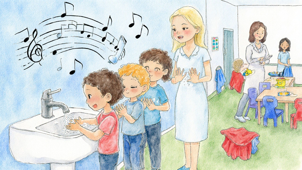 Kids singing while washing hands; staff cleaning toys with color‑coded cloths.