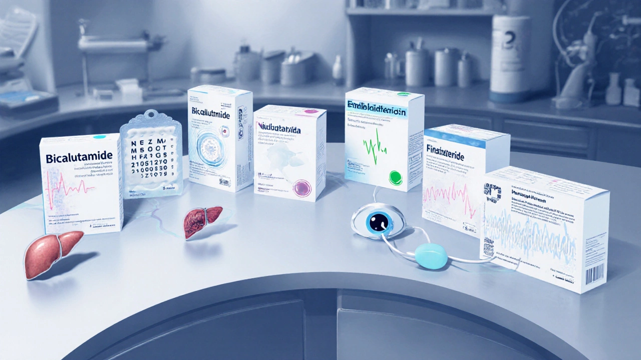 Laboratory bench with five anti‑androgen blister packs, each paired with a visual cue for side‑effects.