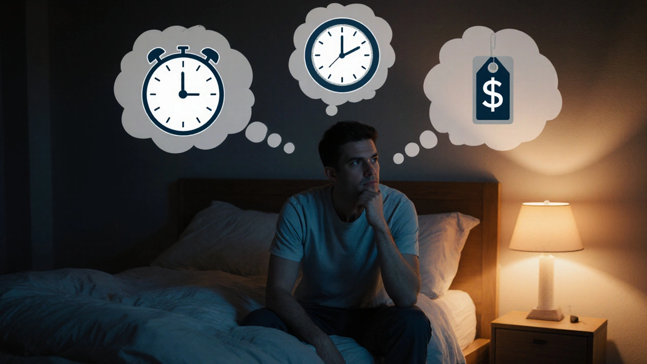 Man on a bed thinking about onset speed, duration, and price of ED pills.