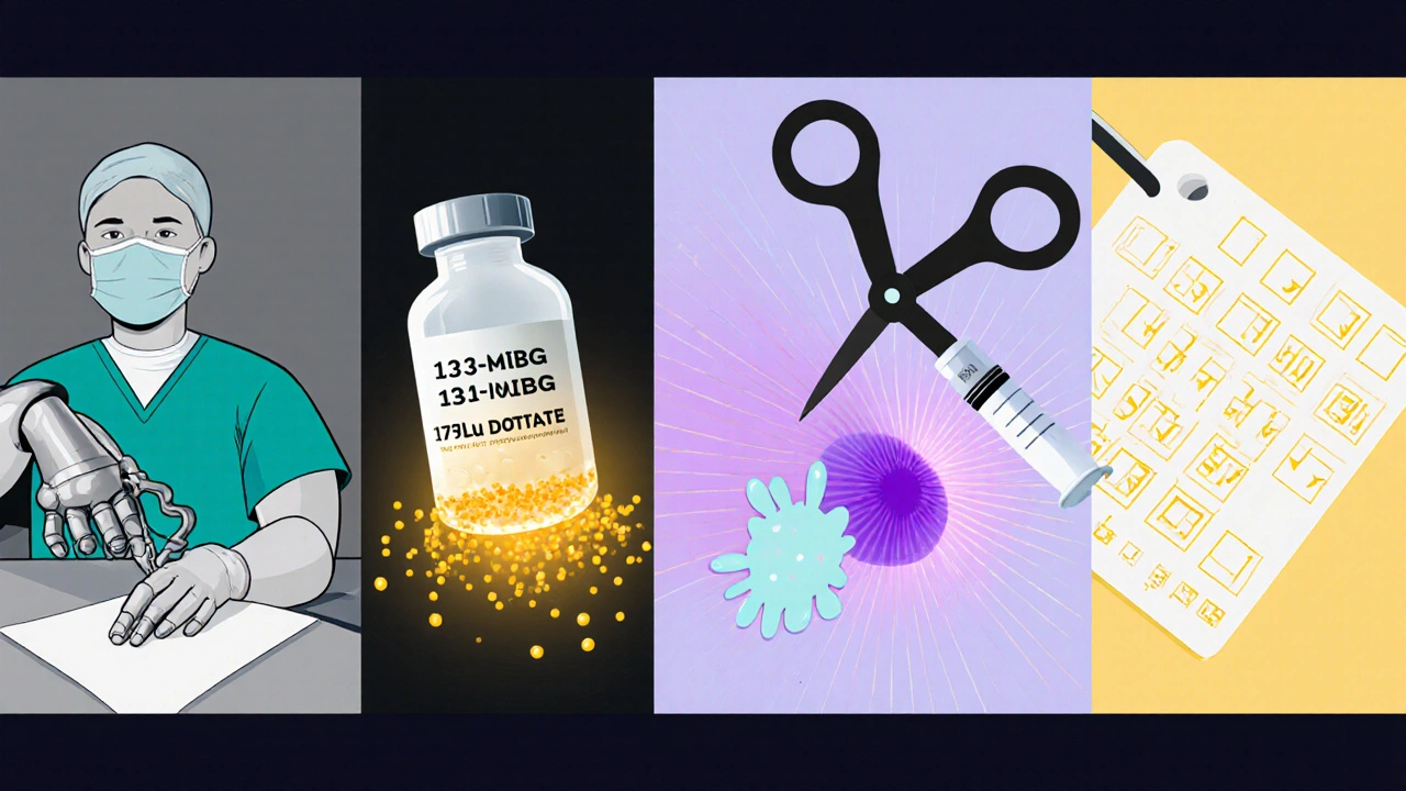 Multi‑panel showing surgery, radiopharmaceutical therapy, CRISPR, and follow‑up schedule.