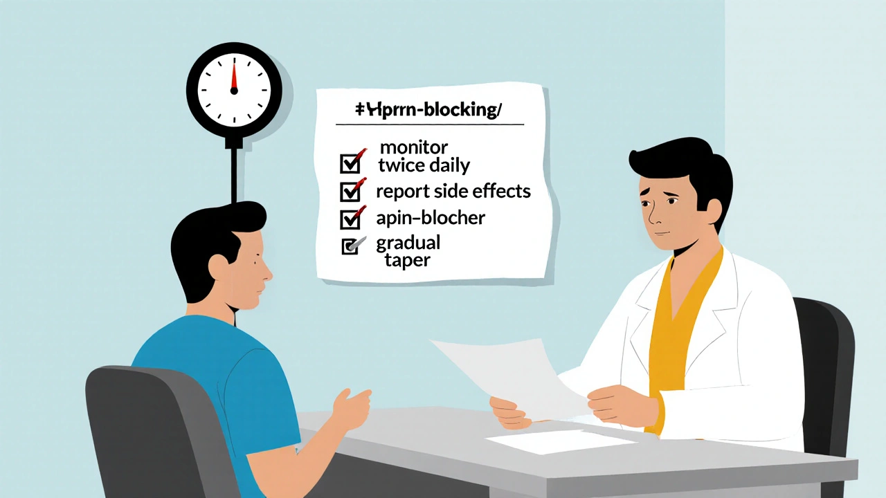 Patient and doctor reviewing a tapering chart and blood pressure monitor for switching from Hytrin.