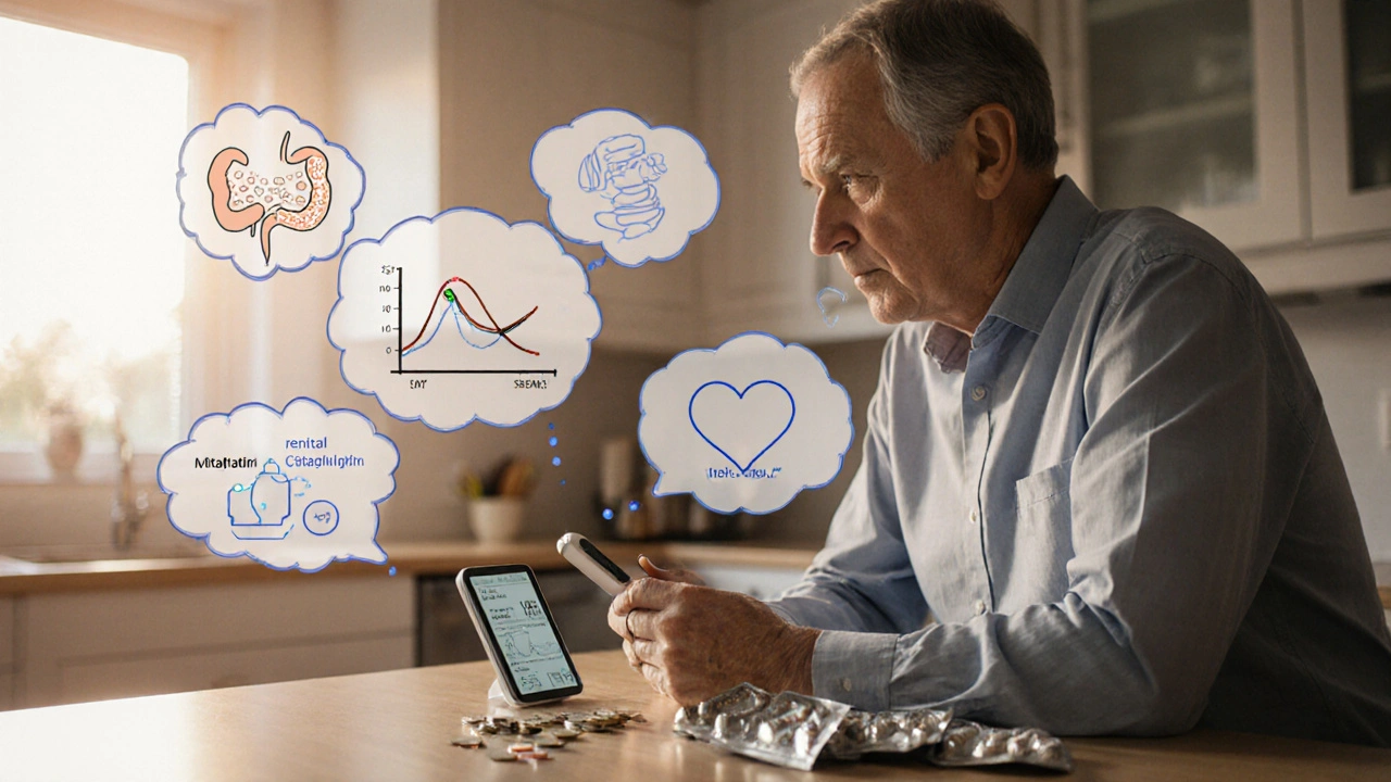 Patient reviewing glucose monitor, surrounded by pills and thought bubbles of health factors.