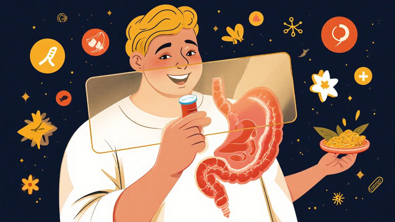 Patient taking domperidone with transparent barrier showing brain-stomach separation.