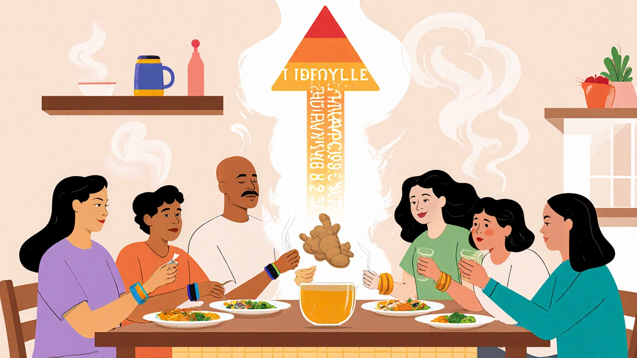 People eating small meals with ginger tea and acupressure bands, symbolizing lifestyle support.