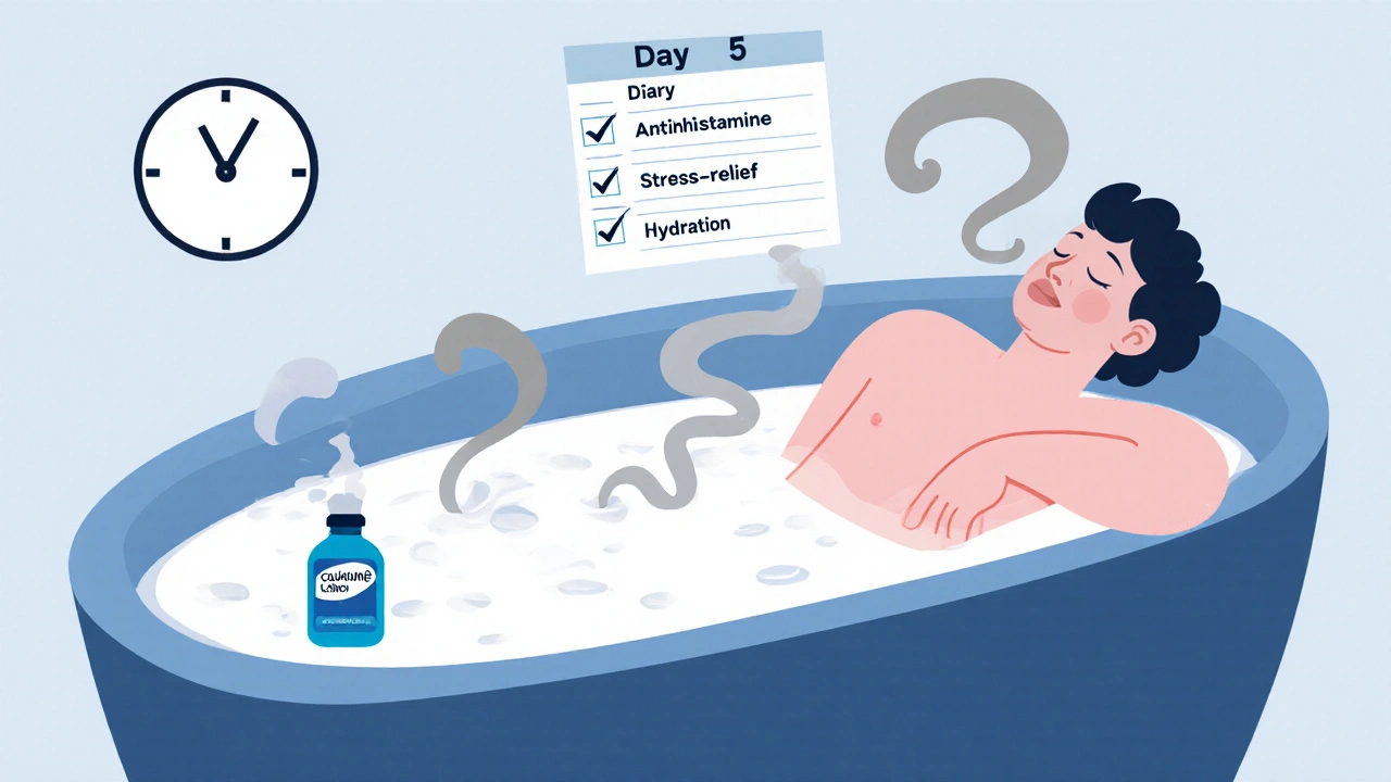 Person relaxing in a cool oatmeal bath with a checklist of prevention steps on the wall.