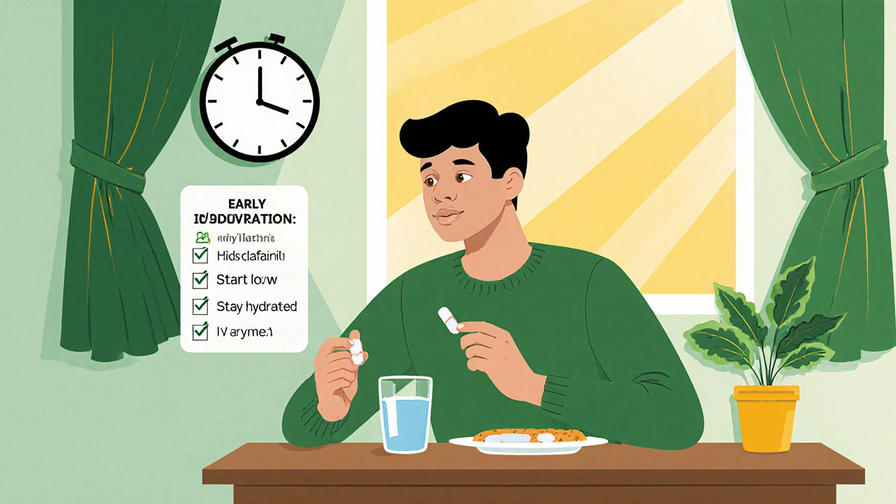 Person taking a pill with water at breakfast, sunrise outside, emphasizing safety tips.