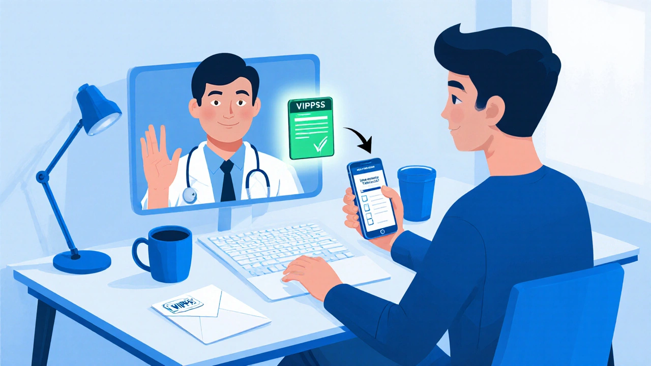 Person using telehealth on laptop, receiving an electronic prescription for amoxicillin.