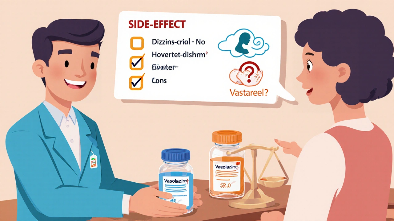 Pharmacy cartoon with patient comparing Vastarel and Ranolazine costs and side‑effects.