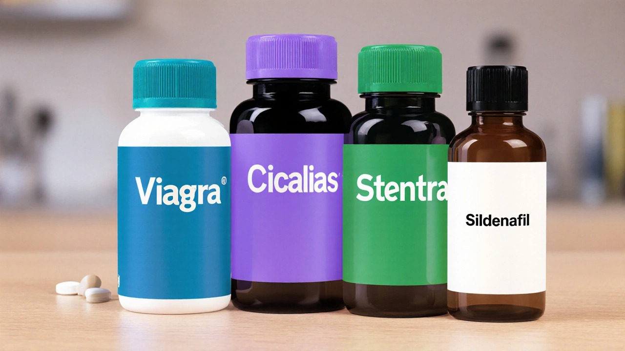 Row of five pill bottles representing Viagra, Cialis, Levitra, Stendra, and generic sildenafil.