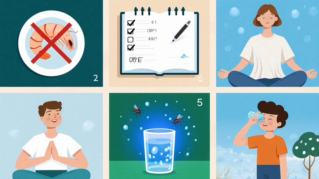 Six panels around a diary showing diet, clothing, temperature, stress relief, water, and insect repellent.