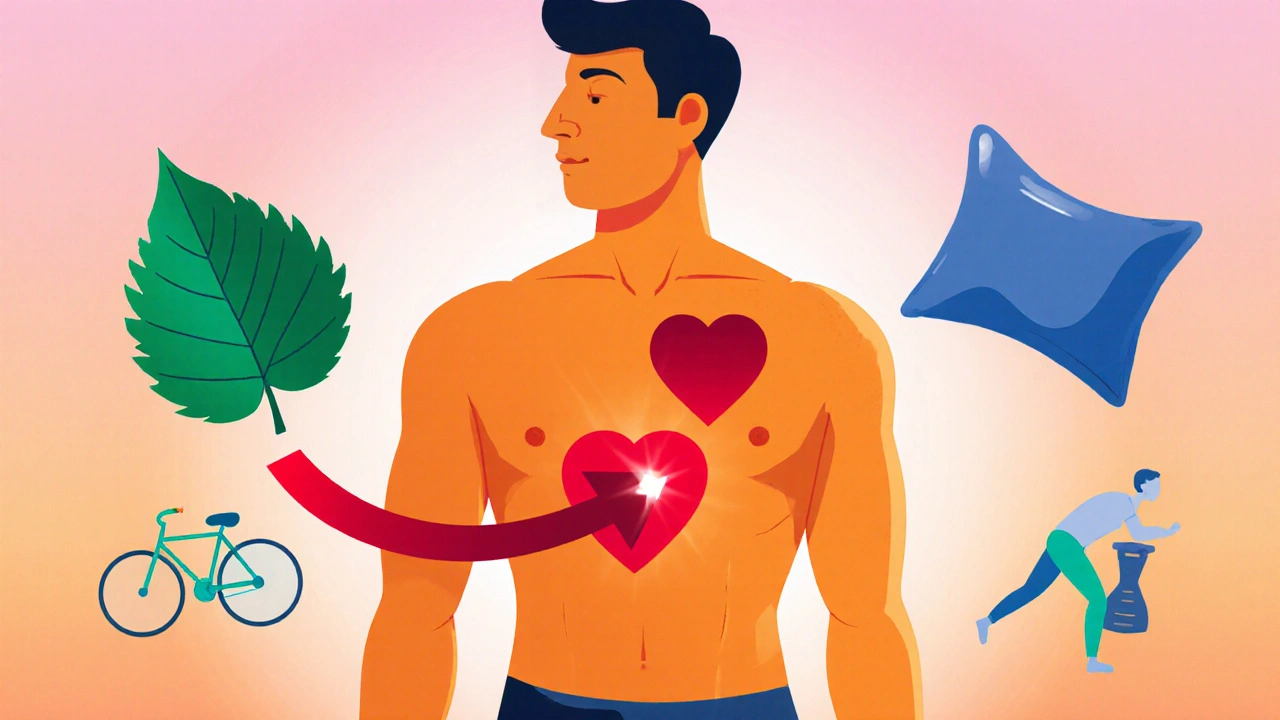 Slimmer cartoon man with bright blood flow to pelvis, surrounded by diet, exercise, and sleep symbols.