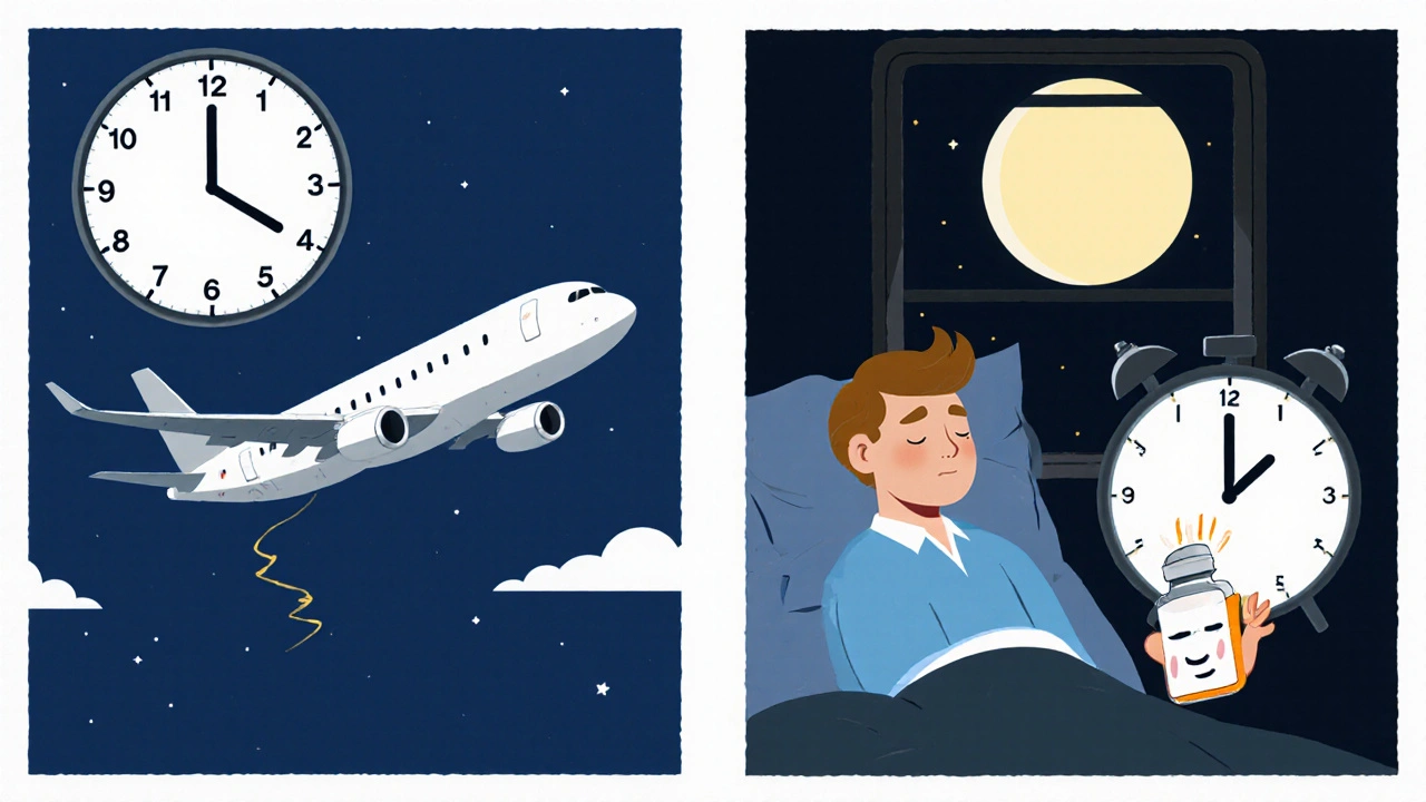 Split scene of traveler adjusting insulin dose before and after crossing time zones