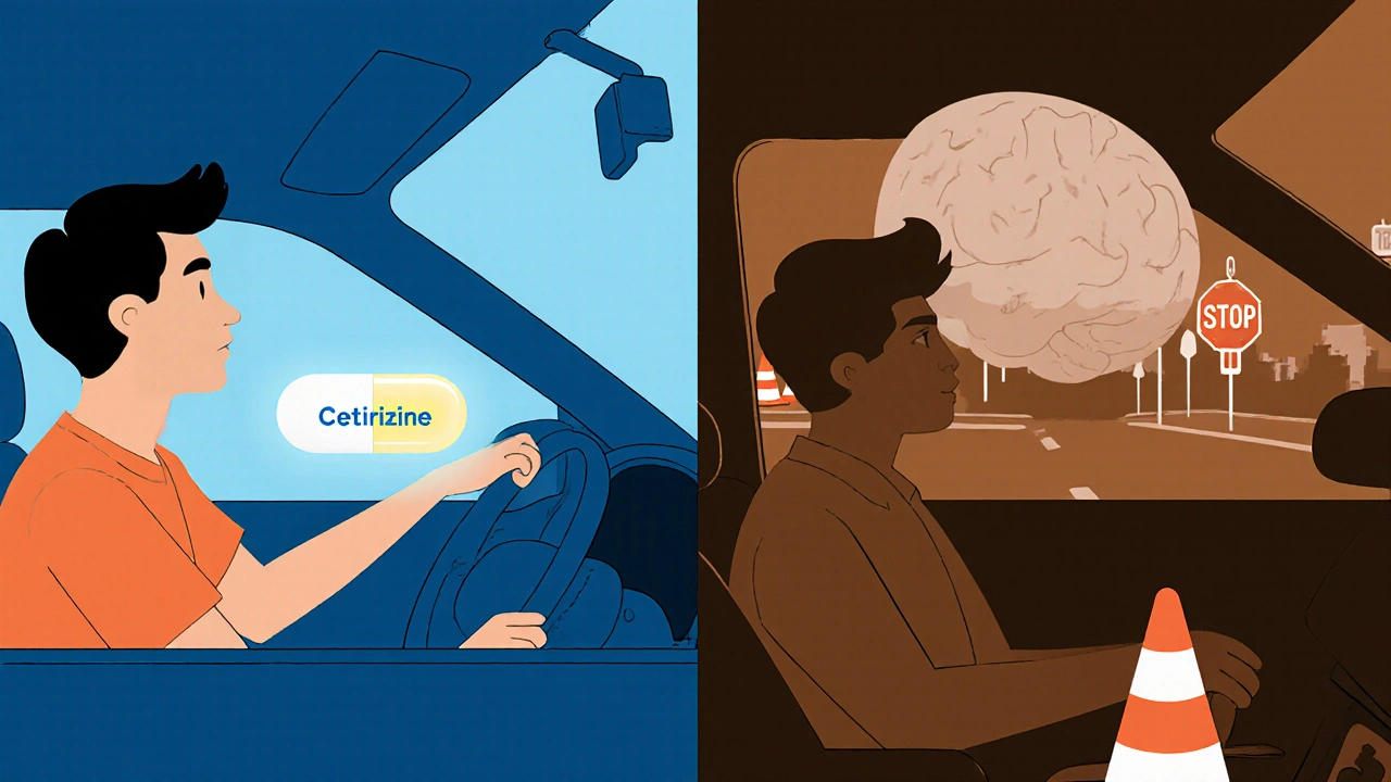 Split scene: safe allergy pill vs. dangerous one, showing contrast in driving safety and brain impact.