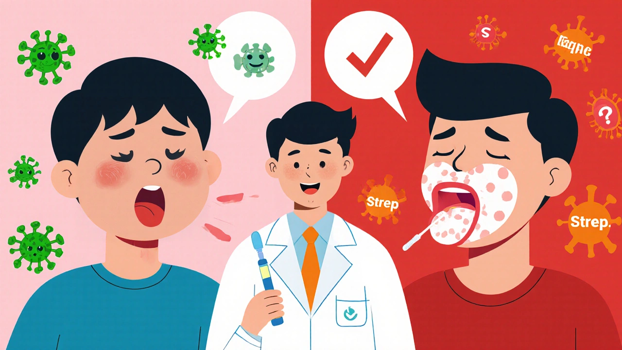 Split scene showing viral throat with runny nose versus bacterial strep throat with white patches and a doctor swab.