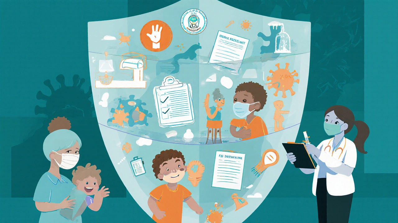 Three‑layer shield showing isolation, vaccination, and policy in a preschool.