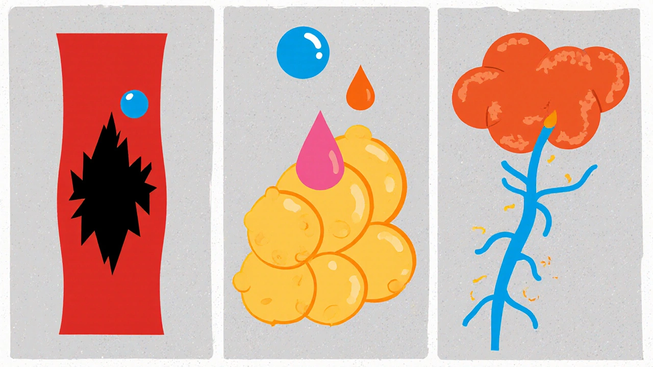 Three panels depicting narrowed artery, hormone conversion, and inflamed nerves affecting erectile function.