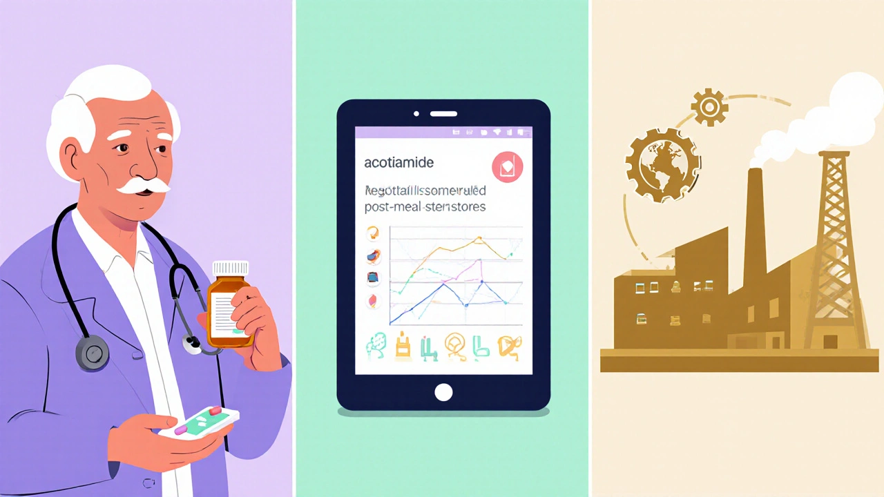 Three panels: doctor giving pill, app tracking symptoms, factory with globe.