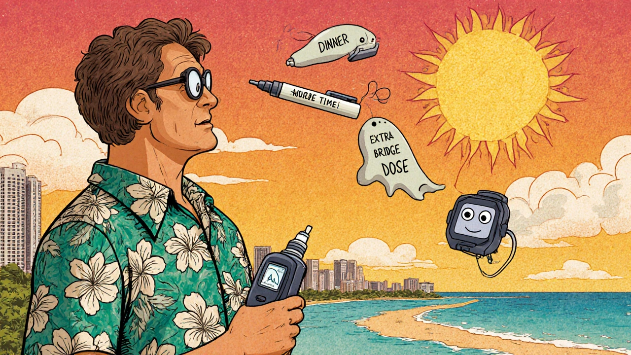 Traveler on a beach with floating insulin pens symbolizing extended day dosing