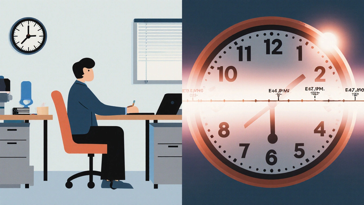 Two office workers side by side, one with a short clock, the other with a long glowing clock representing drug duration.