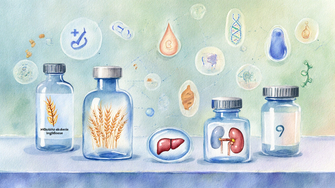 Watercolor lineup of six diabetes drug bottles with visual cues for each class.