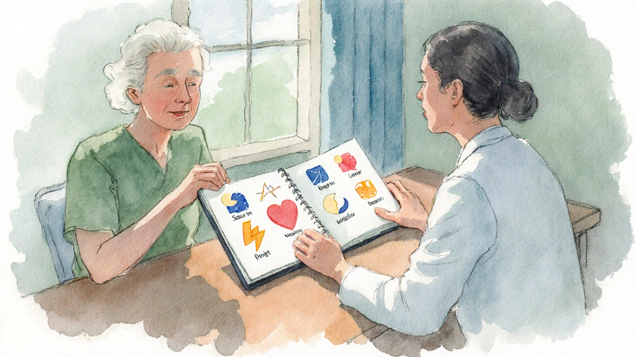 Watercolor of a patient and doctor discussing side‑effect symbols at a table.