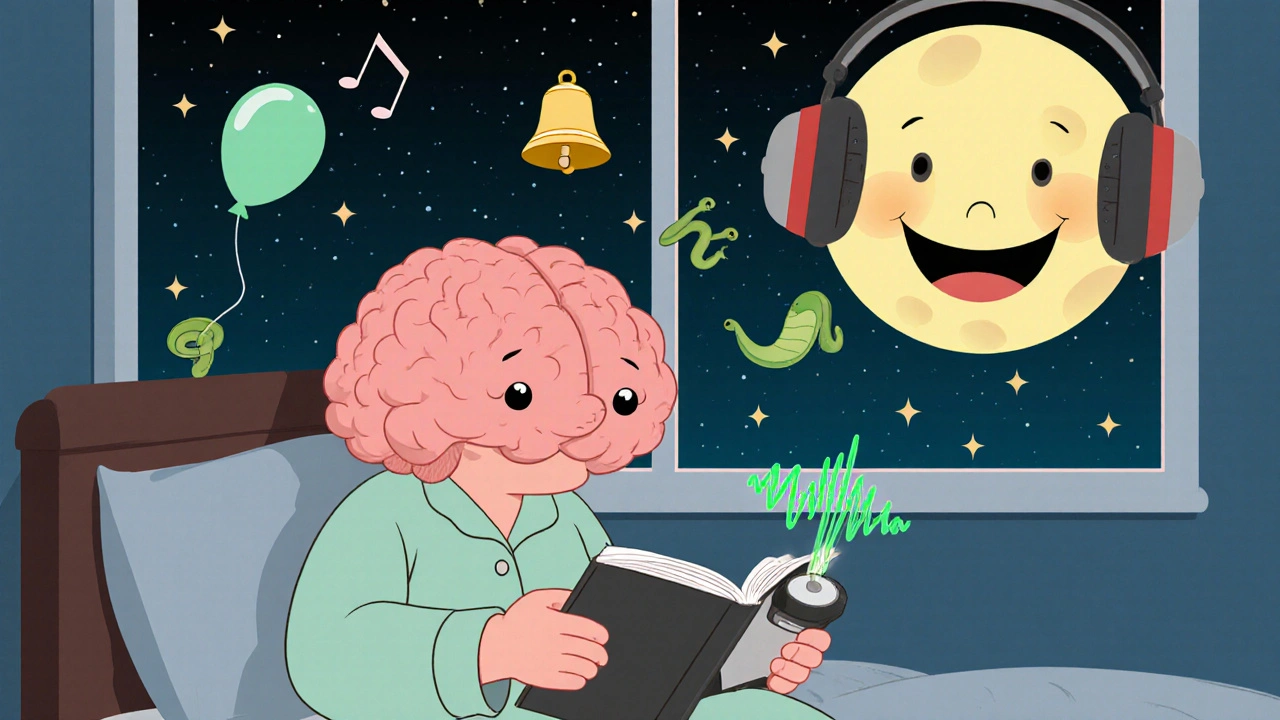 A cartoon brain in pajamas calmly observes tinnitus symbols while listening to gentle noise therapy at night.