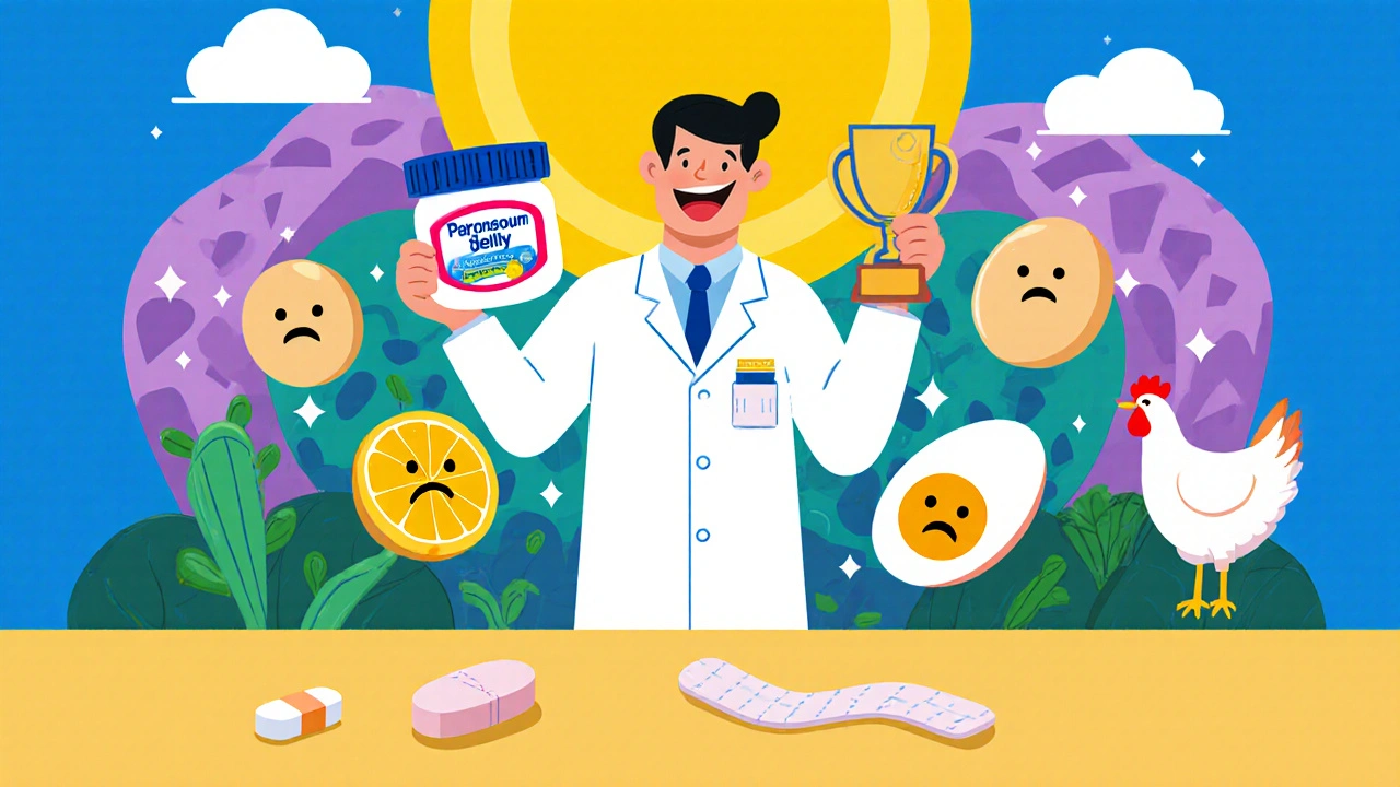 A doctor holds healing supplies while aspirin tablets lie discarded, with nutrient foods floating nearby.