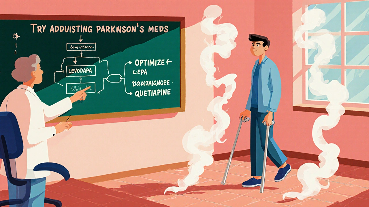 A neurologist explains a safe treatment path while a patient walks confidently, hallucinations fading into smoke.