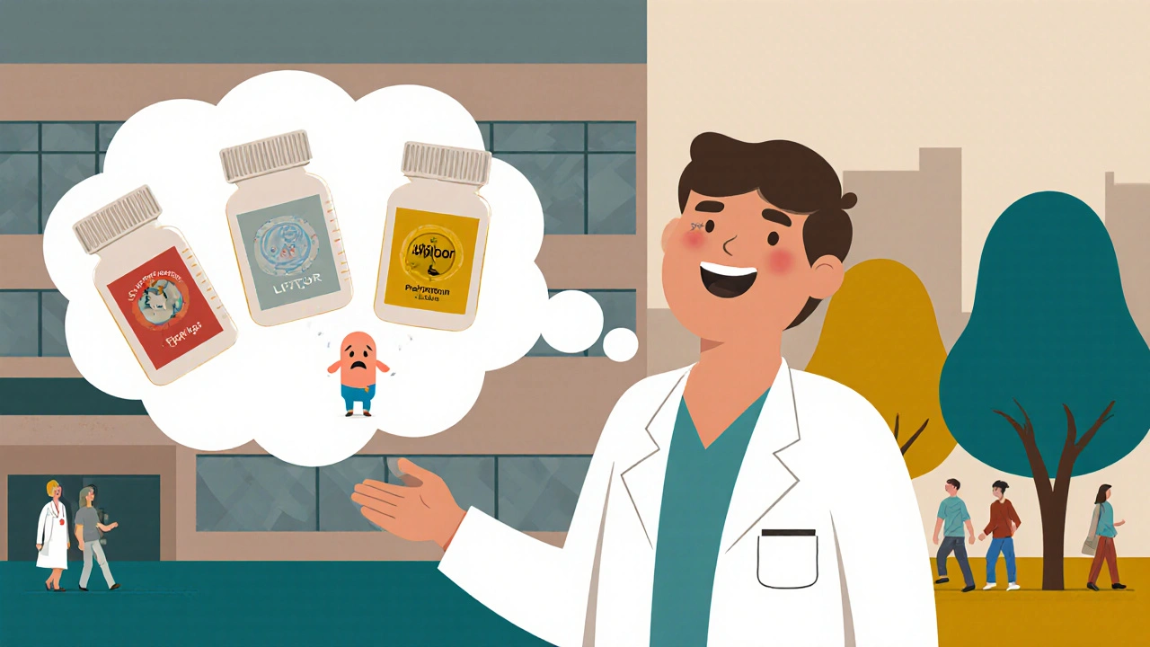 A patient comparing statin pills with a doctor, smiling as one pill glows softly.