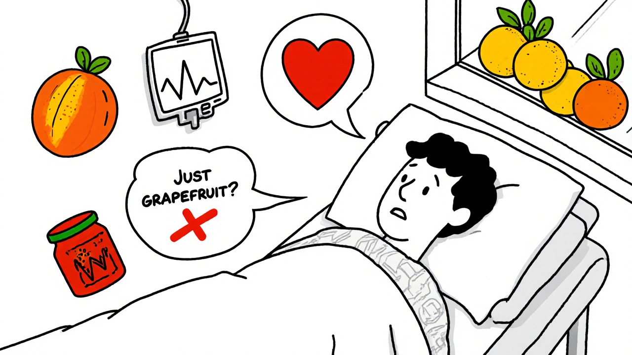A patient in hospital bed surrounded by dangerous citrus icons, while safe oranges glow outside the window.