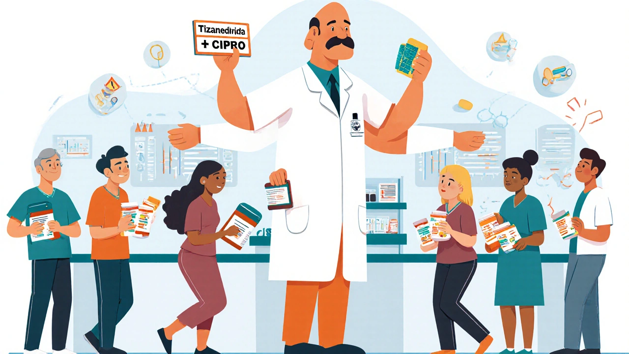 A tired pharmacist juggling multiple medications and warning signs in a crowded pharmacy.