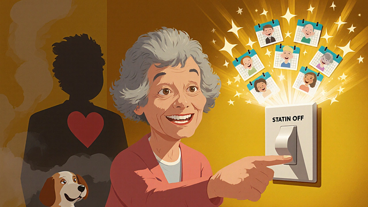 An elderly woman flipping a switch, her brain clearing from fog to bright memories, symbolizing recovery after stopping statins.
