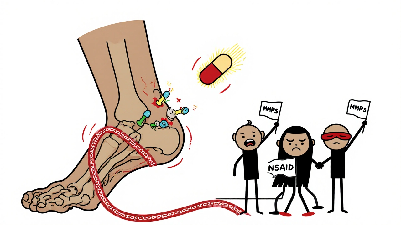 Cartoon Achilles tendon being eaten by enzymes while tenocytes flee, with warning pills above.